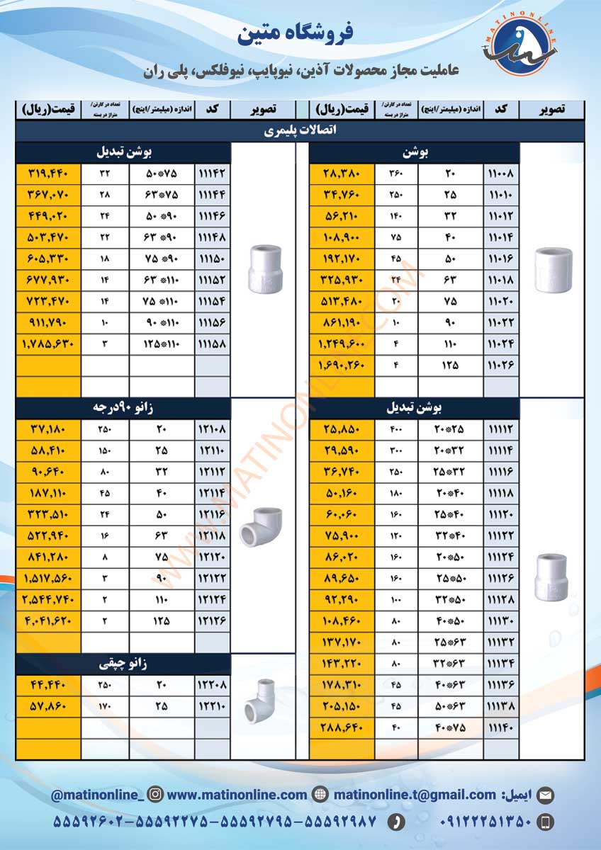 لیست قیمت لوله و اتصالات آذین لوله