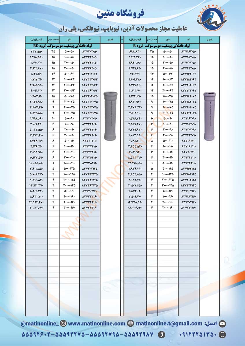 لیست قیمت لوله و اتصالات نیوفلکس