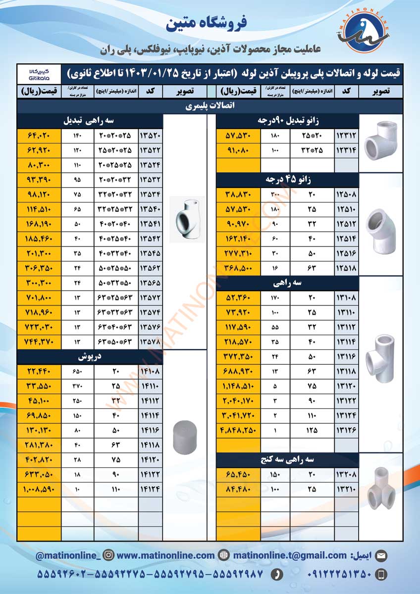 لیست قیمت لوله و اتصالات آذین لوله