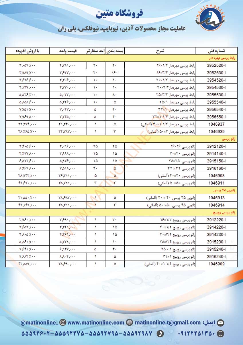 لیست قیمت لوله و اتصالات سوپرپایپ