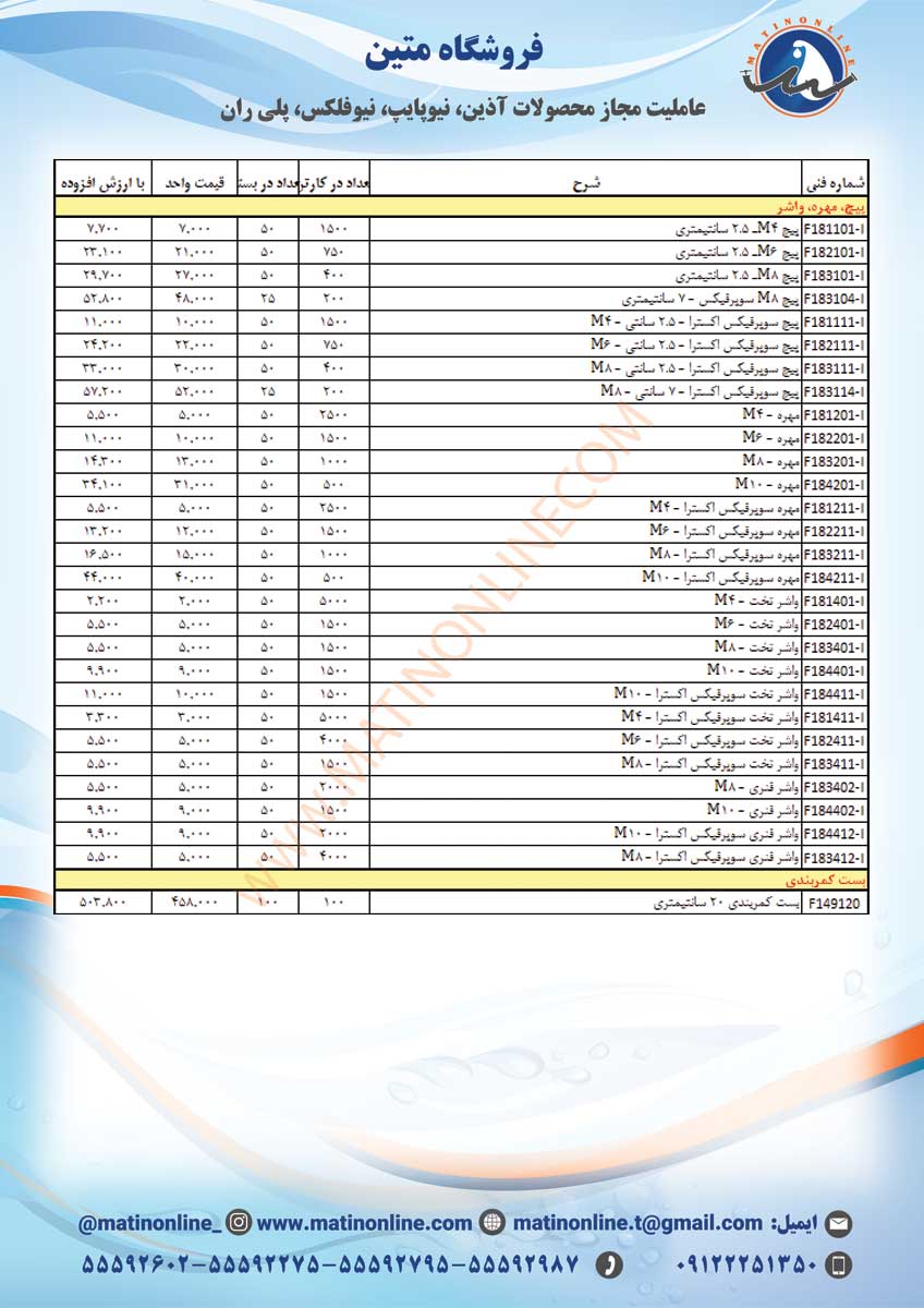 لیست قیمت لوله و اتصالات سوپردرین