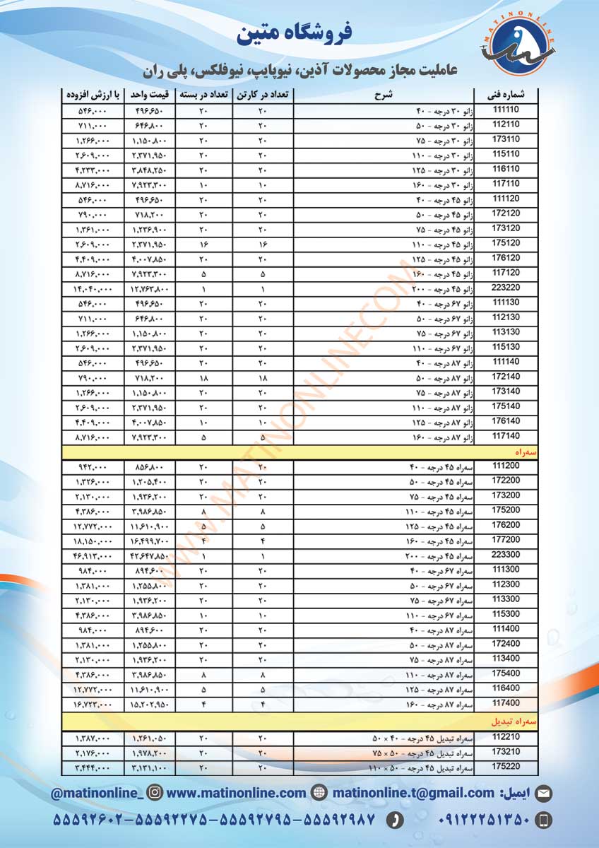 لیست قیمت لوله و اتصالات سوپردرین