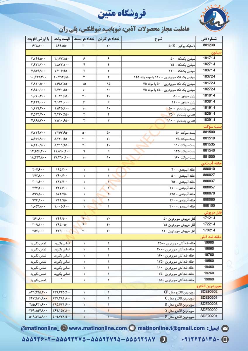 لیست قیمت لوله و اتصالات سوپردرین