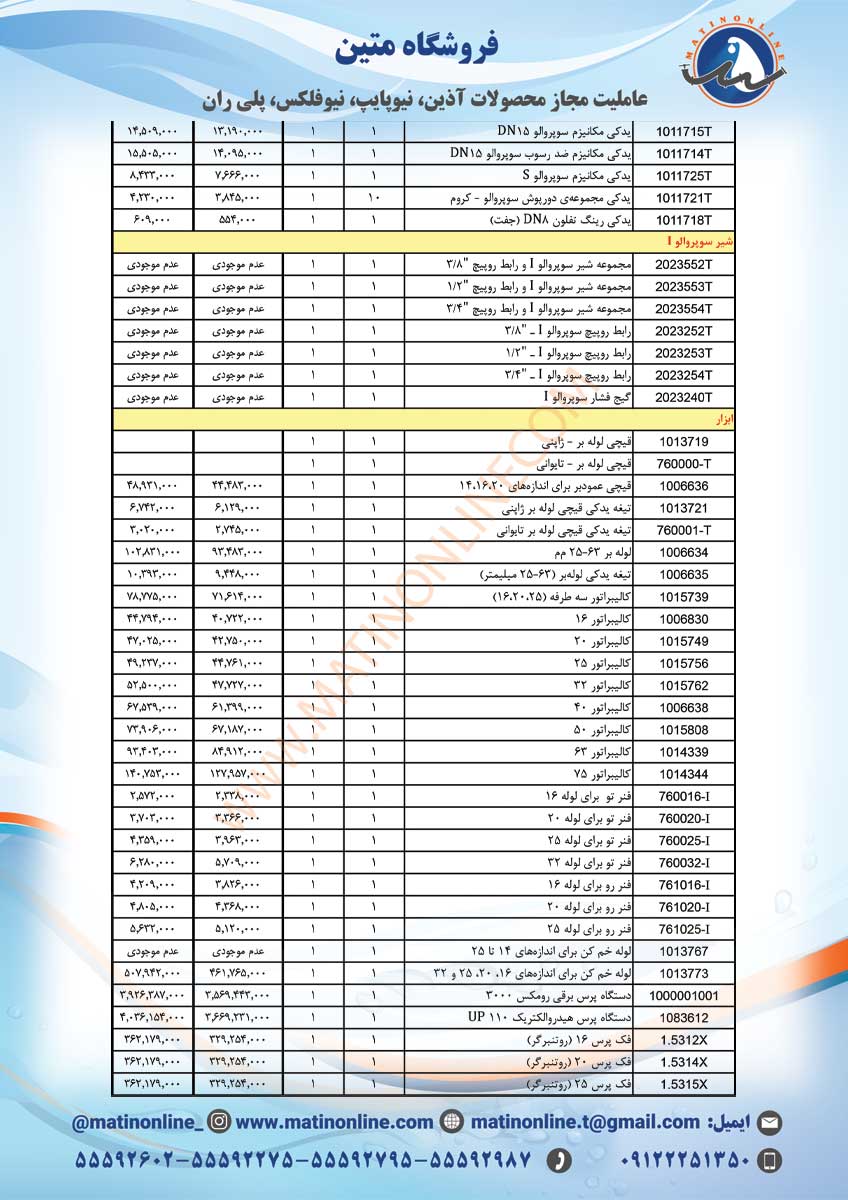لیست قیمت سوپرپایپ